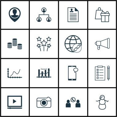 16 evrensel düzenlenebilir simgeler kümesi. Web, mobil ve App tasarım için kullanılabilir. Anahtar kelime optimizasyonu, alışveriş, telefon konferansı ve daha fazlası gibi simgeleri içerir.