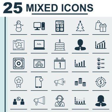 25 evrensel düzenlenebilir simgeler kümesi. Web, mobil ve App tasarım için kullanılabilir. Para geri dönüşüm gibi kutlama pastası, dijital medya ve diğer simgeler içerir.