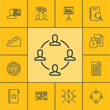 Tartışma, analiz ve büyüme konular üzerinde proje yönetimi simgeler kümesi. Düzenlenebilir vektör çizim. Yönetim, akış, finans ve daha fazla vektör simge içerir.