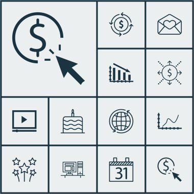 12 evrensel düzenlenebilir simgeler kümesi. Web, mobil ve App tasarım için kullanılabilir. Bilgisayar, kutlama pastası, Fail grafik ve daha fazlası gibi simgeleri içerir.