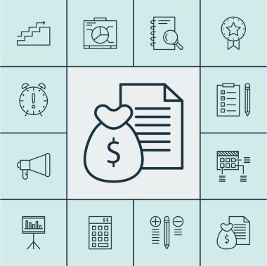 Duyuru, zaman yönetimi ve mevcut rozet konularda proje yönetimi simgeler kümesi. Düzenlenebilir vektör çizim. Araştırma, gol, büyüme ve daha fazla vektör simge içerir.