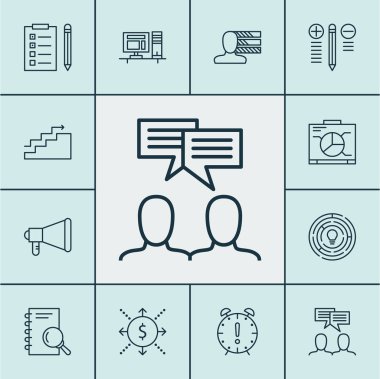 Tartışma, büyüme ve yönetim kurulu konularda proje yönetimi simgeler kümesi. Düzenlenebilir vektör çizim. Toplantı, büyüme, grafik ve daha fazla vektör simge içerir.