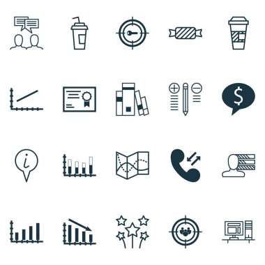 20 evrensel düzenlenebilir simgeler kümesi. Web, mobil ve App tasarım için kullanılabilir. Bilgi: işaretçi, karar verme, paket servisi olan restoran kahve ve daha fazlası gibi simgeleri içerir.