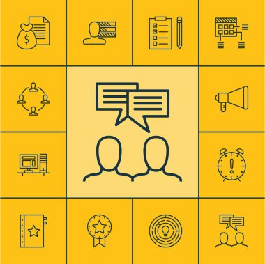 Yenilik, duyuru ve tartışma konuları proje yönetimi simgeler kümesi. Düzenlenebilir vektör çizim. Tarihi, reklam, beyin fırtınası ve daha fazla vektör simge içerir.