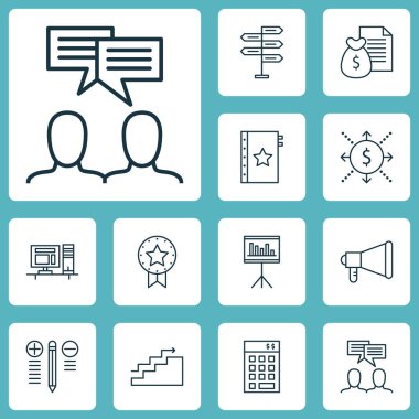 Büyüme, duyuru ve bilgisayar konularda proje yönetimi simgeler kümesi. Düzenlenebilir vektör çizim. Yatırım, rozet, istatistik ve daha fazla vektör simge içerir.