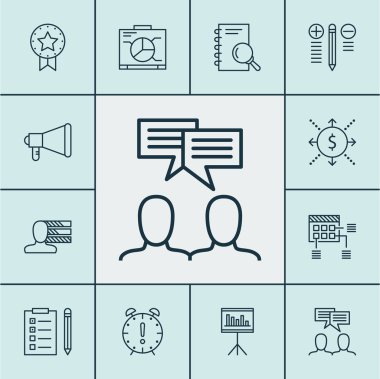 Zamanlama, zaman yönetimi ve uyarı mektubu konularda proje yönetimi simgeler kümesi. Düzenlenebilir vektör çizim. Toplantı, takım, tartışma ve daha fazla vektör simge içerir.