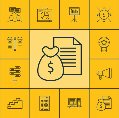 Büyüme, yönetim kurulu ve konularda yatırım proje yönetimi simgeler kümesi. Düzenlenebilir vektör çizim. İstatistikler, kazanmak, para ve daha fazla vektör simge içerir.