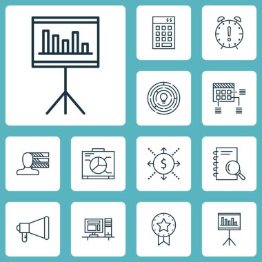 Kişisel becerileri, para ve duyuru konularda proje yönetimi simgeler kümesi. Düzenlenebilir vektör çizim. Yatırım, Pano, proje ve daha fazla vektör simge içerir.