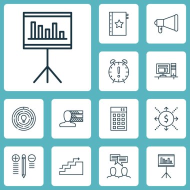 Zaman yönetimi, tanıtım ve duyuru konularda proje yönetimi simgeler kümesi. Düzenlenebilir vektör çizim. İstatistik, Ekonomi, kişisel ve daha fazla vektör simge içerir.