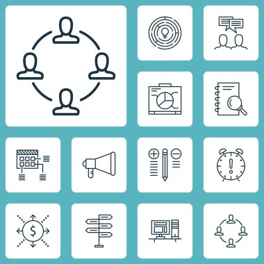 Analiz, duyuru ve yönetim kurulu konularda proje yönetimi simgeler kümesi. Düzenlenebilir vektör çizim. Reklam, zamanlama, promosyon ve daha fazla vektör simge içerir.