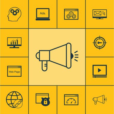 Web sitesi, Pazar araştırması ve güvenlik konuları üzerinde Seo simgeler kümesi. Düzenlenebilir vektör çizim. Hız, Bina, toplum ve daha fazla vektör simge içerir.