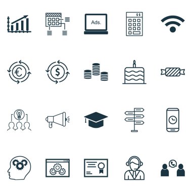 20 evrensel düzenlenebilir simgeler kümesi. Web, mobil ve App tasarım için kullanılabilir. Para gibi simgeleri beyin sürecinin, kutlama pastası ve daha fazlasını içerir.