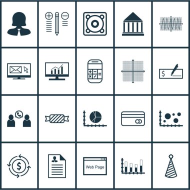 20 evrensel düzenlenebilir simgeler kümesi. Web, mobil ve App tasarım için kullanılabilir. Grafik kılavuz, iş kadını, karşılaştırma ve daha fazlası gibi simgeleri içerir.