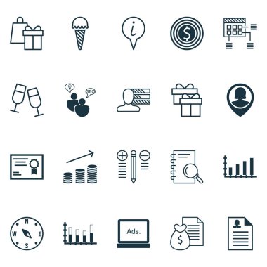 20 evrensel düzenlenebilir simgeler kümesi. Web, mobil ve App tasarım için kullanılabilir. PIN çalışan, sertifika, parçalı çubuk grafik ve daha fazlası gibi simgeleri içerir.