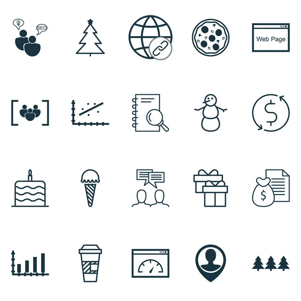 Conjunto de 20 iconos editables universales. Puede ser utilizado para el diseño web, móvil y de aplicaciones. Incluye iconos como árbol decorado, comida congelada, comida de pizza y más . — Vector de stock