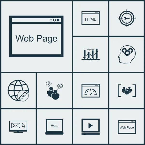 营销调查问卷、 大脑过程与关键字营销主题图标集。可编辑的矢量图。包括显示、 优化、 目标和更多的矢量图标. — 图库矢量图片