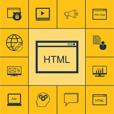 Simgeler medya kampanyası, bülten pazarlama ve konular kodlama kümesi. Düzenlenebilir vektör çizim. Reklam, istemci, Web sitesi ve daha fazla vektör simge içerir.