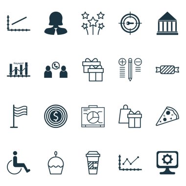 20 evrensel düzenlenebilir simgeler kümesi. Web, mobil ve App tasarım için kullanılabilir. Hediye, bir iş kadını, PIN ve daha fazlası gibi simgeleri içerir.