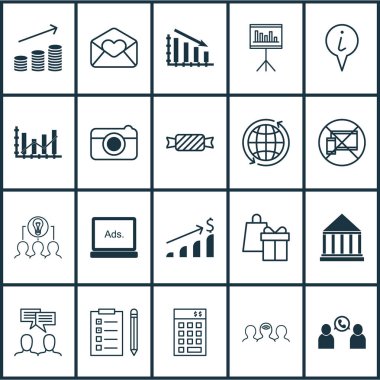 20 evrensel düzenlenebilir simgeler kümesi. Web, mobil ve App tasarım için kullanılabilir. Yatırım, tanıtımı, yükseltme diyagramı ve daha fazlası gibi simgeleri içerir.