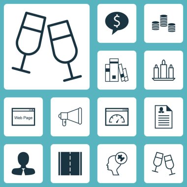 12 evrensel düzenlenebilir simgeler kümesi. Web, mobil ve App tasarım için kullanılabilir. Duyuru, şampanya bardağı, yükleme hızı ve daha fazlası gibi simgeleri içerir.