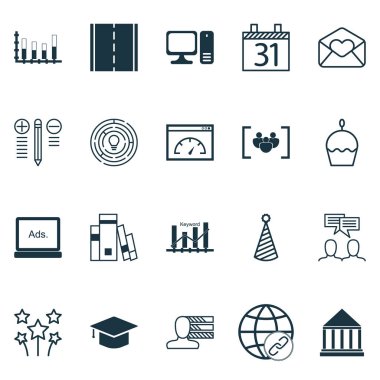 20 evrensel düzenlenebilir simgeler kümesi. Web, mobil ve App tasarım için kullanılabilir. Kütüphane, mezuniyet, parçalı çubuk grafik ve daha fazlası gibi simgeleri içerir.