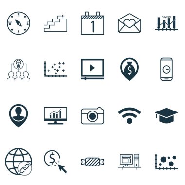 20 evrensel düzenlenebilir simgeler kümesi. Web, mobil ve App tasarım için kullanılabilir. Çalışan konumu, karşılaştırma, bağlantılar ve daha fazlası gibi simgeleri içerir.