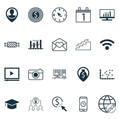 20 evrensel düzenlenebilir simgeler kümesi. Web, mobil ve App tasarım için kullanılabilir. Ppc, Video oynatıcı, para gezinme ve daha fazlası gibi simgeleri içerir.