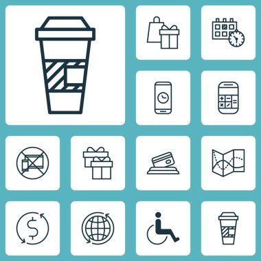 Paket servisi olan restoran kahve, kredi kartı ve hesaplama konularda seyahat simgeler kümesi. Düzenlenebilir vektör çizim. Hediye, zaman, kahve ve daha fazla vektör simge içerir.