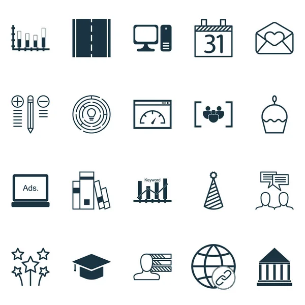 Conjunto de 20 iconos editables universales. Puede ser utilizado para el diseño web, móvil y de aplicaciones. Incluye iconos como biblioteca, graduación, gráfico de barras segmentadas y más . — Vector de stock