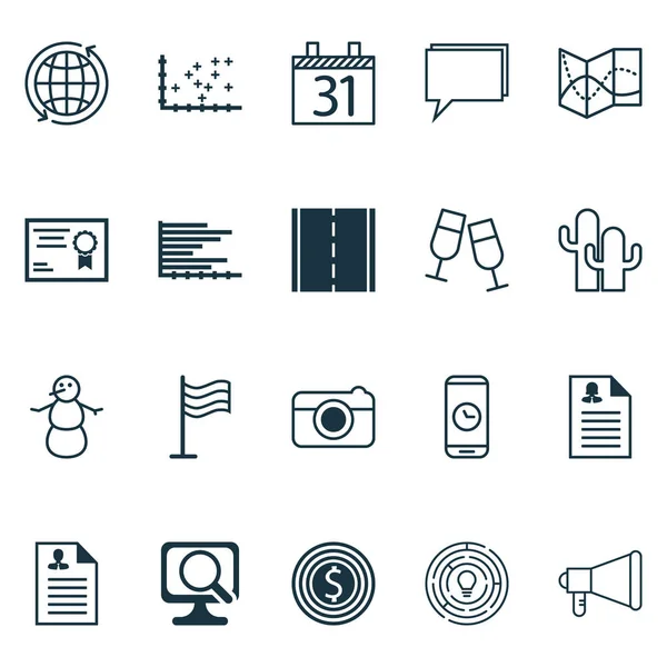 Набор из 20 универсальных настольных иконок. Can be Used For Web, Mobile And App Design. Includes Icons such as Curriculum Vitae, Announcement, Bars Chart and more . — стоковый вектор