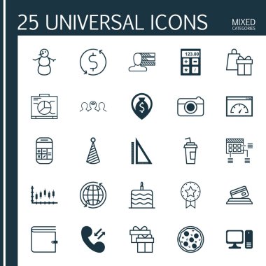 25 evrensel düzenlenebilir simgeler kümesi. Web, mobil ve App tasarım için kullanılabilir. Pizza yemek, zamanlama, kutlama pastası ve daha fazlası gibi simgeleri içerir.