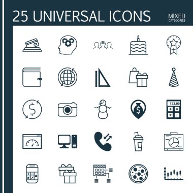 25 evrensel düzenlenebilir simgeler kümesi. Web, mobil ve App tasarım için kullanılabilir. Masaüstü bilgisayar gibi simgeleri mali, içki Kupası ve daha fazlasını içerir.