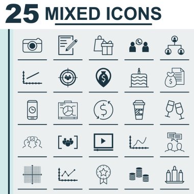 25 evrensel düzenlenebilir simgeler kümesi. Web, mobil ve App tasarım için kullanılabilir. Kahve, alışveriş, paket servisi olan restoran gibi simgeleri anket ve daha fazlasını içerir.