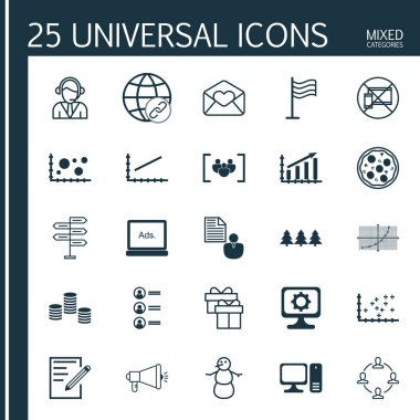 25 evrensel düzenlenebilir simgeler kümesi. Web, mobil ve App tasarım için kullanılabilir. Masaüstü bilgisayar, fırsat, Pizza yemek ve daha fazla gibi simgeleri içerir.