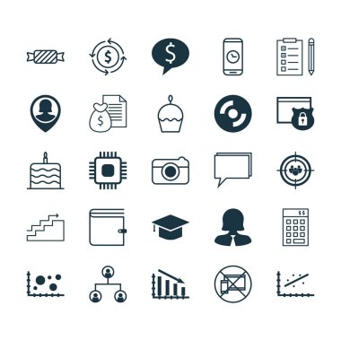 25 evrensel düzenlenebilir simgeler kümesi. Web, mobil ve App tasarım için kullanılabilir. Odak grup, iş anlaşması, kutlama pastası ve daha fazlası gibi simgeleri içerir.