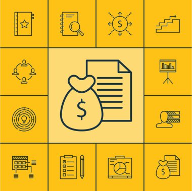 Zamanlama, büyüme ve para konularda proje yönetimi simgeler kümesi. Düzenlenebilir vektör çizim. Hedef, beyin fırtınası, takım ve daha fazla vektör simge içerir.