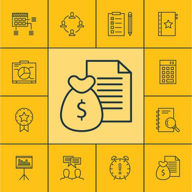 Zaman yönetimi, analiz ve uyarı mektubu konularda proje yönetimi simgeler kümesi. Düzenlenebilir vektör çizim. İstatistik, işbirliği, kontrol paneli ve daha fazla vektör simge içerir.