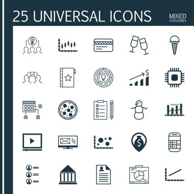 25 evrensel düzenlenebilir simgeler kümesi. Web, mobil ve App tasarım için kullanılabilir. Zamanlama, karşılaştırma, Eğitim Merkezi ve daha fazlası gibi simgeleri içerir.