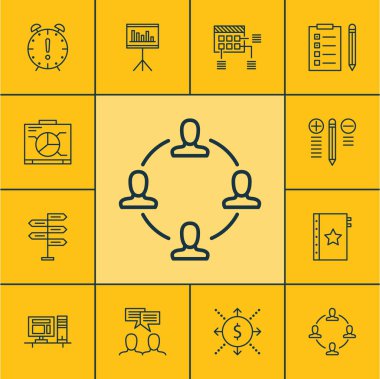 Sunum, karar verme ve zaman yönetimi konuları üzerinde proje yönetimi simgeler kümesi. Düzenlenebilir vektör çizim. Tartışma, yapma, çatal, halka ve daha fazla vektör simge içerir.