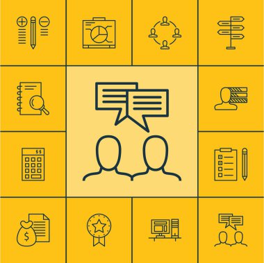 Bilgisayar, yatırım ve mevcut rozet konularda proje yönetimi simgeler kümesi. Düzenlenebilir vektör çizim. Not Defteri, kişisel, tartışma ve daha fazla vektör simge içerir.