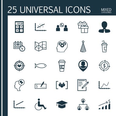 25 evrensel düzenlenebilir simgeler kümesi. Web, mobil ve App tasarım için kullanılabilir. İnsan zihni, paket servisi olan restoran kahve, kağıt ve daha fazlası gibi simgeleri içerir.