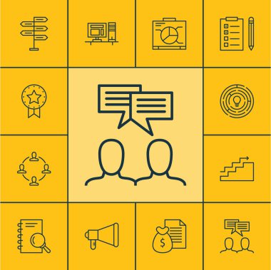 Büyüme, işbirliği ve rapor konularda proje yönetimi simgeler kümesi. Düzenlenebilir vektör çizim. Büyüme, tartışma, kontrol paneli ve daha fazla vektör simge içerir.