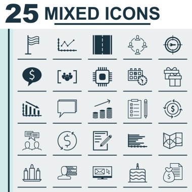 25 evrensel düzenlenebilir simgeler kümesi. Web, mobil ve App tasarım için kullanılabilir. Çubuk grafik, iş anlaşması, işbirliği ve daha fazlası gibi simgeleri içerir.