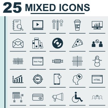 25 evrensel düzenlenebilir simgeler kümesi. Web, mobil ve App tasarım için kullanılabilir. Video oynatıcı, Grafik kılavuz, kış ve daha fazlası gibi simgeleri içerir.
