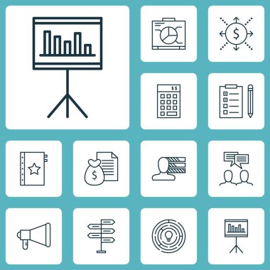 Garanti, tartışma ve sunum konularda proje yönetimi simgeler kümesi. Düzenlenebilir vektör çizim. Kalite, duyuru, garanti ve daha fazla vektör simge içerir.