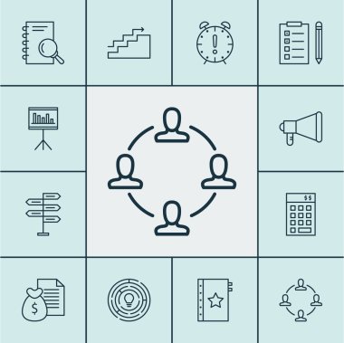 Yatırım, sunum ve fırsat konularda proje yönetimi simgeler kümesi. Düzenlenebilir vektör çizim. Defter, rapor, Tarih ve daha fazla vektör simge içerir.