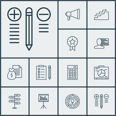 Mevcut rozet, sunum ve yatırım konuları üzerinde proje yönetimi simgeler kümesi. Düzenlenebilir vektör çizim. Pano, para, hatırlatma ve daha fazla vektör simge içerir.