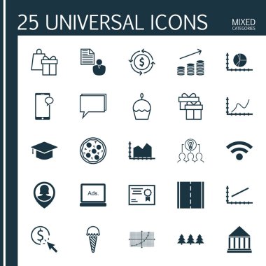 25 evrensel düzenlenebilir simgeler kümesi. Web, mobil ve App tasarım için kullanılabilir. Hediye, sertifika, mezuniyet ve daha fazlası gibi simgeleri içerir.