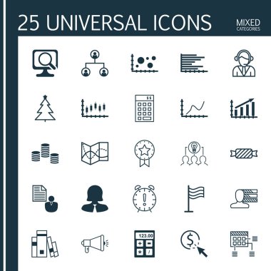 25 evrensel düzenlenebilir simgeler kümesi. Web, mobil ve App tasarım için kullanılabilir. Operatör, çubuk grafik, tatlı gibi simgeleri ve daha fazlasını içerir.