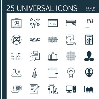 25 evrensel düzenlenebilir simgeler kümesi. Web, mobil ve App tasarım için kullanılabilir. Yasak cep, Yöneticisi, m-cüzdan ve daha fazlası gibi simgeleri içerir.